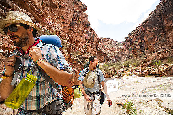 Two backpackers hiking through the Grand Canyon.