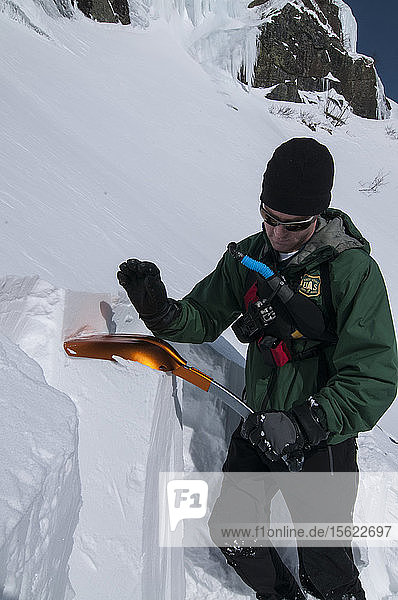 Snow ranger performing a compression test in the snowpack in Tuckerman Ravine on Mt. Washington NH