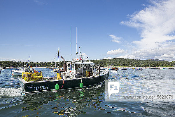 Ein Fischerboot mit Fischern legt in der Nähe von Bar Harbor und dem Acadia National Park in Maine an.