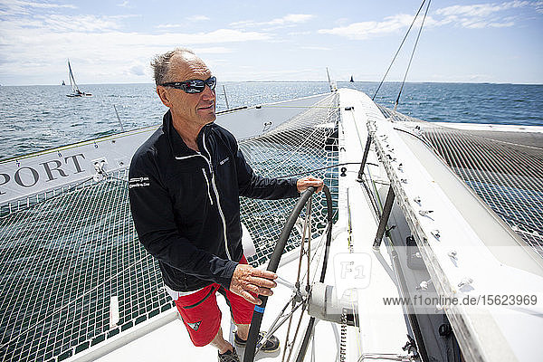 Onboard the trimaran IDEC SPORT skippered by Francis Joyon  preparing to take part in La Route du Rhum destination Guadeloupe  the fortieth edition of which starts from St. Malo on 4th November  La Trinite-sur-Mer  Brittany  France