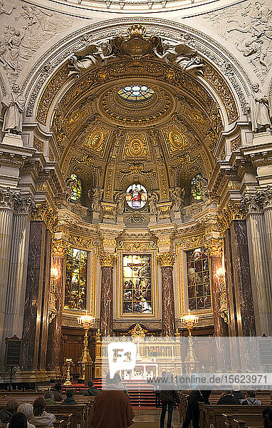 Berlin  Germany: Altar  The Berlin Cathedral. From Wikipedia: Berlin Cathedral (German: Berliner Dom) is the colloquial name for the Evangelical Oberpfarr- und Domkirche (English analogously: Supreme Parish and Collegiate Church  literally Supreme Parish and Cathedral Church) in Berlin  Germany. It is the parish church of the Evangelical congregation Gemeinde der Oberpfarr- und Domkirche zu Berlin  a member of the umbrella organisation Evangelical Church of Berlin-Brandenburg-Silesian Upper Lusatia. Its present building is located on Museum Island in the Mitte borough.