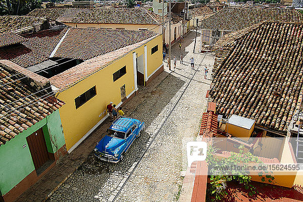 Aerial view of a classic car parked on a street in Trinidad  Cuba