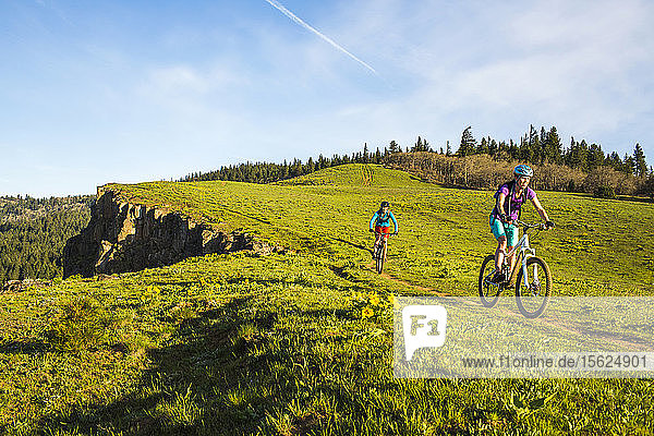 Zwei junge Frauen fahren mit ihren Mountainbikes auf einem einspurigen Weg durch eine offene Wiese.