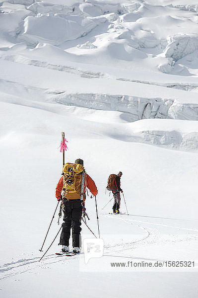 Das Team trägt einen Cache am Eisfall vorbei auf 11.000 Fuß Höhe bei einer Skibesteigung des Mount Sanford Sheep Glacier Route im Wrangell-St. Elias National Park außerhalb von Glennallen  Alaska Juni 2011. Der Mount Sanford ist mit 16.237 Fuß der sechsthöchste Berg in den Vereinigten Staaten. (Modellfreigabe: Patrick Gilroy und Adam Howard)