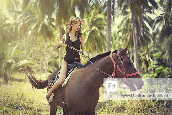 sexy junge Frau reitet auf einem Pferd. Koh Samui Insel Thailand
