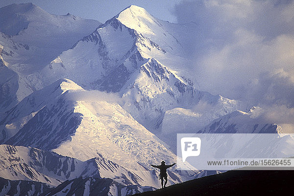 USA Alaska Denali National Park (MR) Hiker Evan Steinhauser hikes front of Mount McKinley at sunset