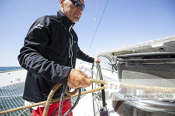 Onboard the trimaran IDEC SPORT skippered by Francis Joyon  preparing to take part in La Route du Rhum destination Guadeloupe  the fortieth edition of which starts from St. Malo on 4th November  La Trinite-sur-Mer  Brittany  France