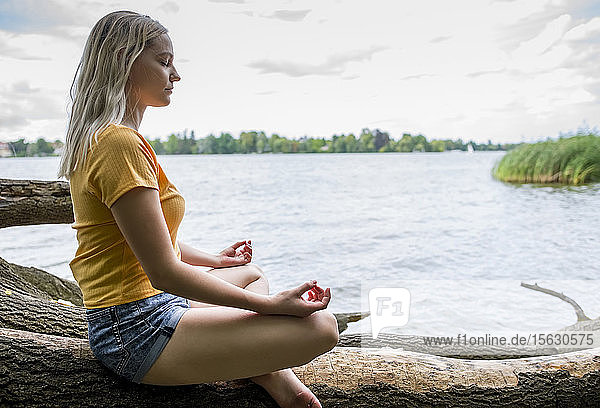Junge Frau meditiert an einem Baumstamm am Seeufer