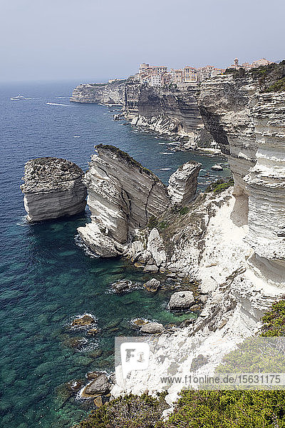 Weiße Kalksteinfelsen vor klarem Himmel bei Bonifacio  Korsika  Frankreich
