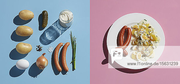 Direkt über der Aufnahme einer gesunden Mahlzeit nach Zutat im Teller mit Gabel auf farbigem Hintergrund