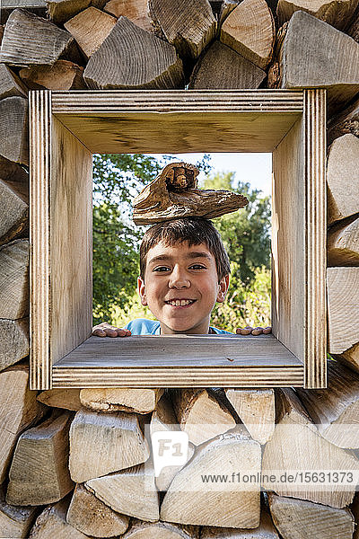 Portrait of smiling boy looking through window in logpile