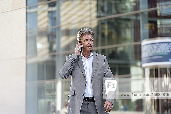 Mature businessman on the phone in the city