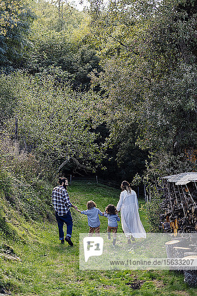 Rückansicht einer Familie mit zwei Kindern beim Spaziergang auf dem Land