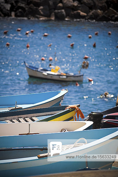 Boote an der Küste  Manarola  Ligurien  Cinque Terre  Italien