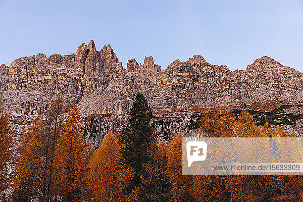 Herbstliche Berglandschaft im Morgenlicht Dolomiten Cortina Italien