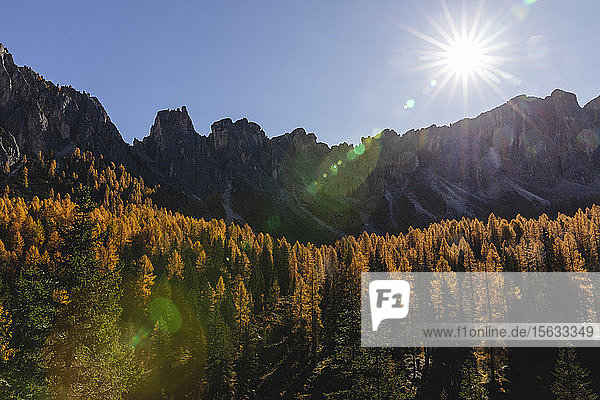 Herbstliche Berglandschaft gegen die Sonne Dolomiten Cortina Italien