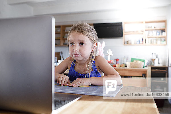 Portrait of little girl in the kitchen at home staring at laptop