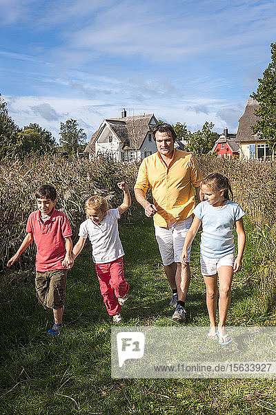 Father with three children walking on a rural path  Darss  Mecklenburg-Western Pomerania  Germany