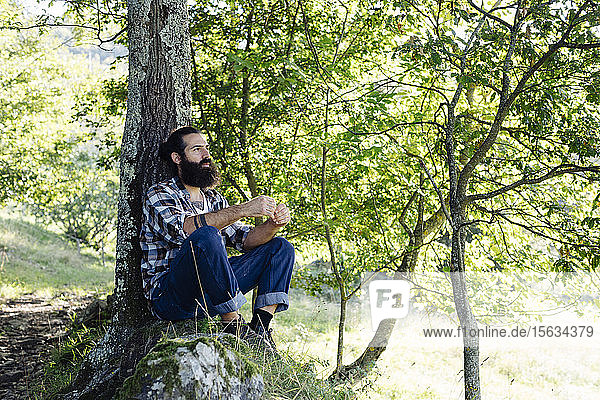 Man with beard sitting at tree trunk in the forest