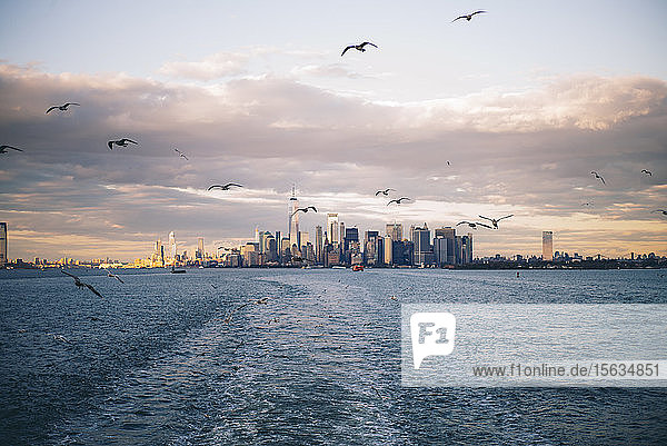 Skyline of New York City seen from Staten Island Ferry  USA