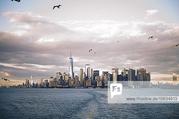 Skyline of New York City seen from Staten Island Ferry  USA
