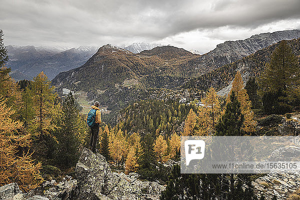 Wanderer steht und blickt im Herbst über das Alpenplateau  Sondrio  Italien