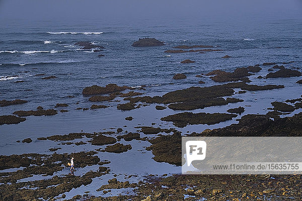 Portugal  Alentejo  Vila NovaÂ deÂ Milfontes  Man fishing on rocky coastal beach
