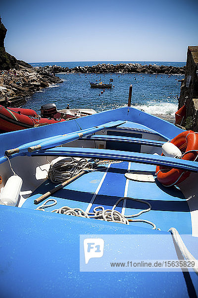 Boat at the coast  Manarola  Liguria  Cinque Terre  Italy