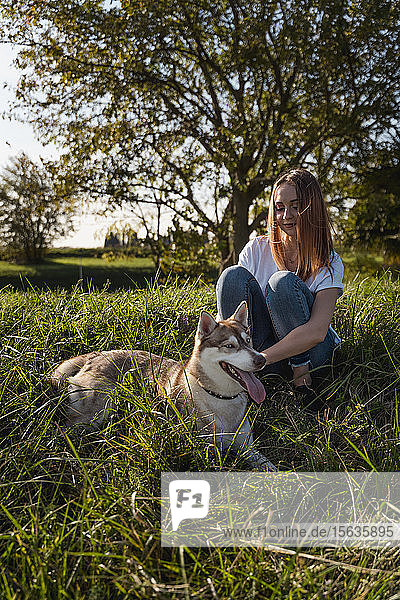 Happy young woman stroking her dog on a meadow