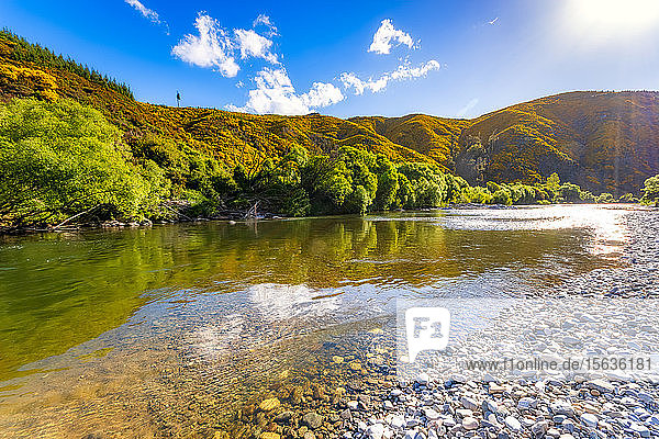 Blick auf den Fluss an einem sonnigen Tag im Motueka Valley  Südinsel  Neuseeland