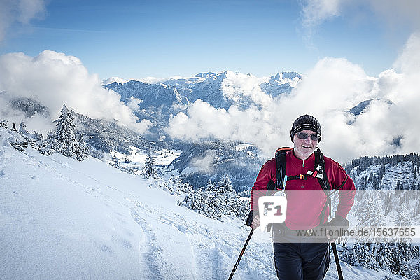 Austria  Salzburg State  Duernbachhorn  Heutal  hiker in winter
