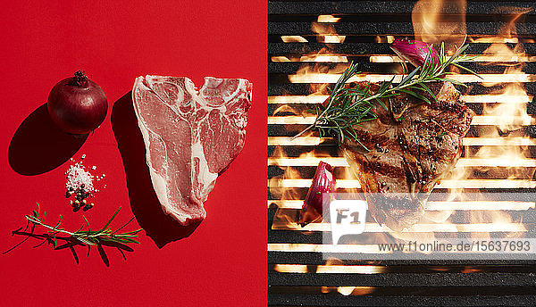 Direkt über der Aufnahme von Steak  gegrillt nach Zutaten auf rotem Hintergrund