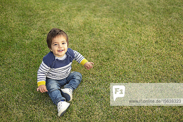 Porträt eines lächelnden kleinen Jungen auf dem Rasen sitzend