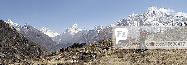 Woman hiking the Everest Base Camp trek nera Khumjung  Himalayas  Solo Khumbu  Nepal