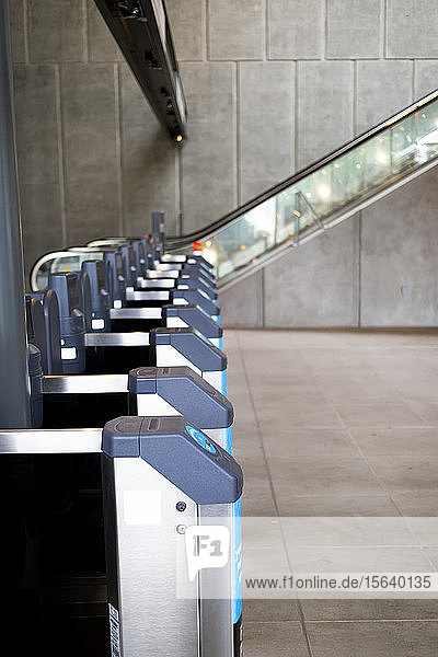 Fare paying station at light rail transit station; Surrey British Columbia Canada