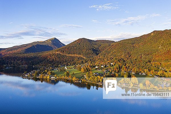 Village Walchensee and Lake Walchensee in the morning light  aerial view  Upper Bavaria  Bavaria  Germany  Europe