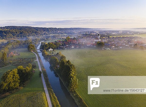 Place Gelting and Loisach Canal  near Geretsried  Tölzer Land  aerial view  Upper Bavaria  Bavaria  Germany  Europe