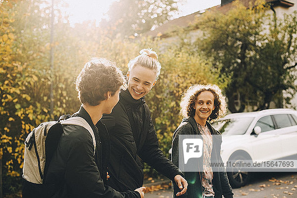 Smiling male friends talking while walking together on sunny day during autumn
