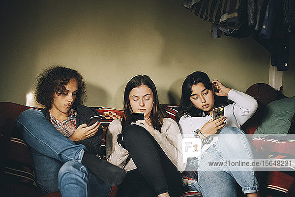 Abgelenkte männliche und weibliche Freunde benutzen Mobiltelefone  während sie zu Hause auf dem Sofa sitzen