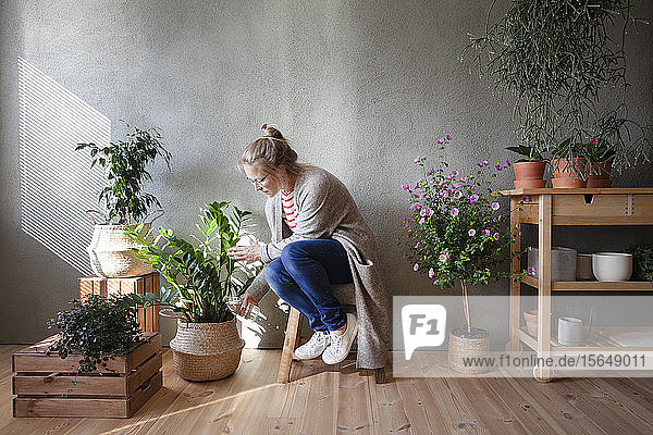 Frau kümmert sich um Topfpflanzen im Innengarten