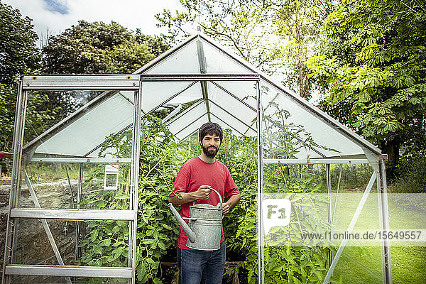 Portrait of gardener watering tomatoes in greenhouse in organic vegetable garden
