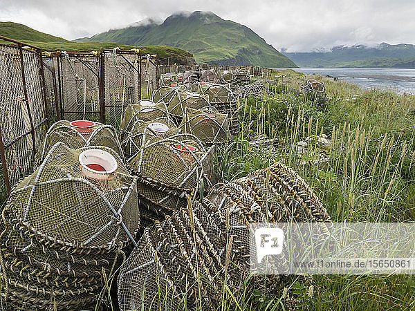 Crab fishing pots being stored at the dock in Dutch Harbor in the community of Unalaska Alaska United States of America