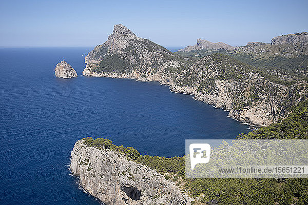 Rugged headland at Cap de Formentor seen from Mirador es Colomer on the northern coast of the Mediterranean island of Mallorca Balearic Islands Spain