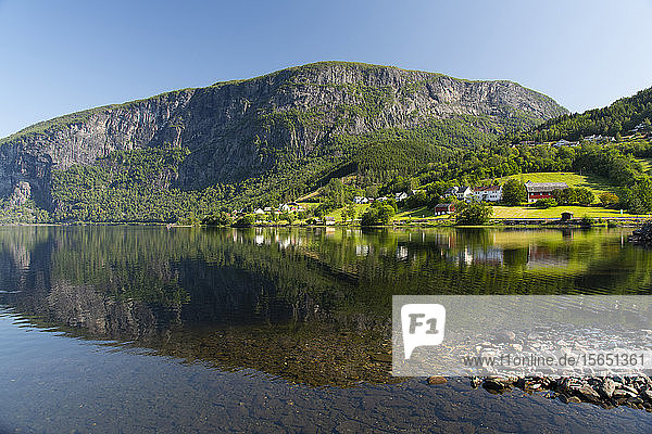 Reflections in still water at Lake Granvinvatnet Hordaland Vestlandet Norway Scandinavia