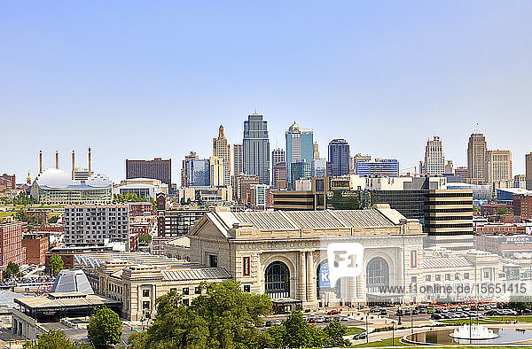 Downtown skyline of Kansas City and Union Station  Kansas City  Missouri  United States of America