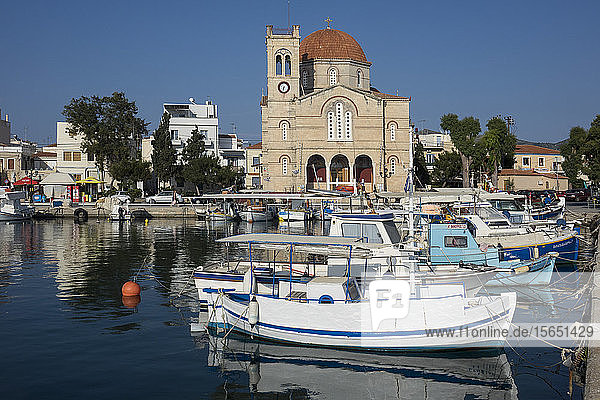 Harbour and Panagitsa church  Aegina town  Aegina  Saronic islands  Greek Islands  Greece