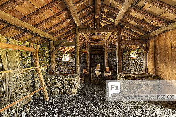 Replica Viking longhouse  interior  Haroldswick  Island of Unst  Shetland Isles  Scotland  United Kingdom  Europe