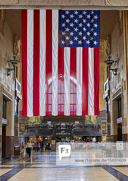 US flag hanging inside Kansas City Union Station  Kansas City  Missouri  United States of America  North America