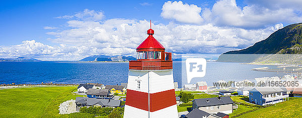 Aerial panoramic by drone of high section of Alnes Lighthouse Godoya Island Alesund More og Romsdal County Norway Scandinavia