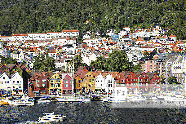 Colourful old timber buildings around the harbour in Bryggen UNESCO World Heritage Site Bergen Vestlandet Norway Scandinavia